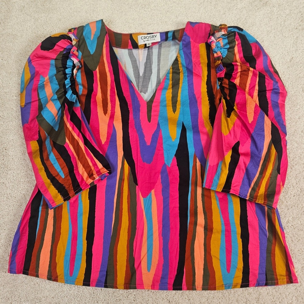 Crosby by Mollie Burch V-Neck Puff Sleeve Abstract‎ Stripe Blouse Multicolor S